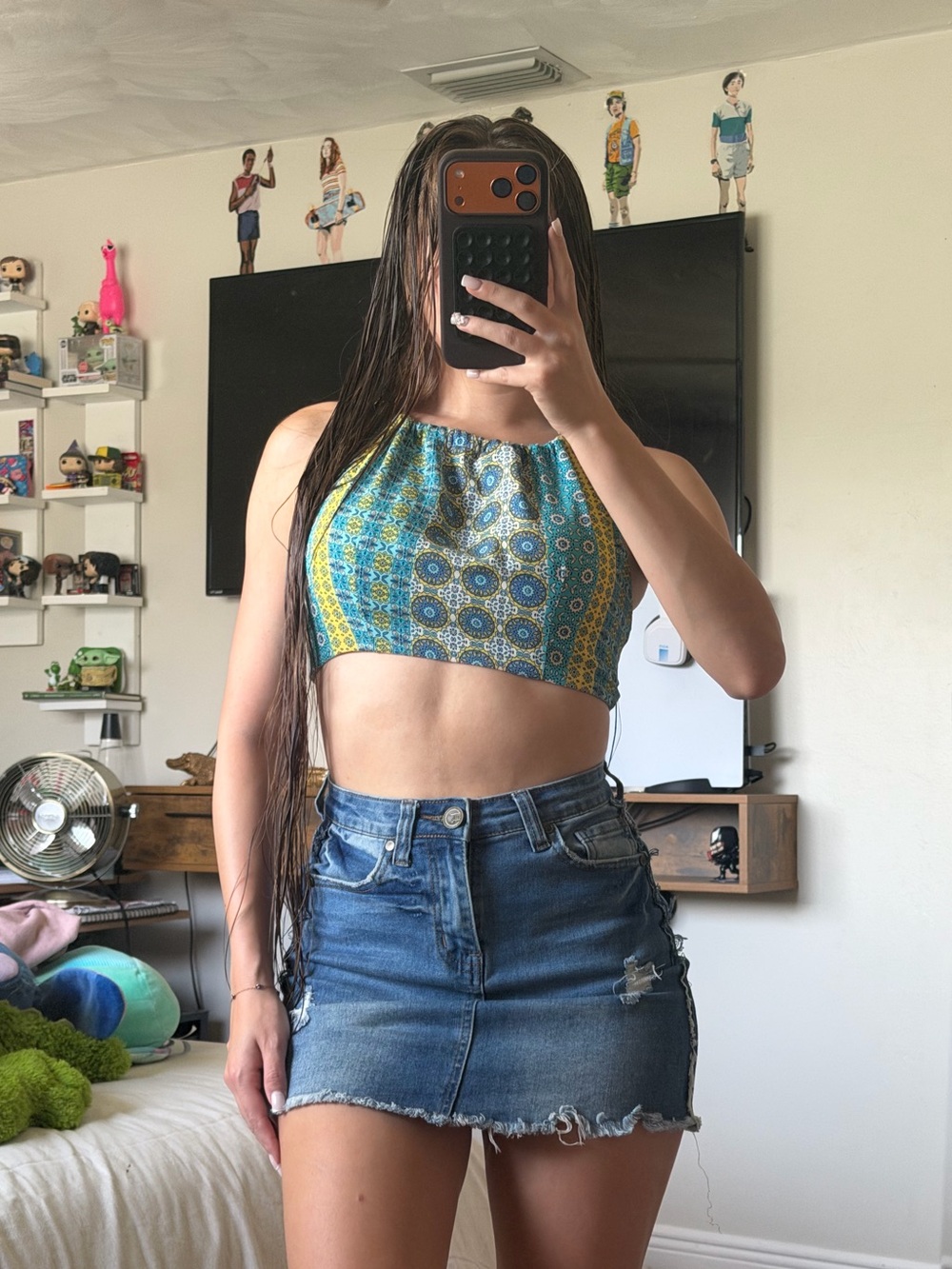 Women's Blue & Yellow Patterned Halter Crop Top
